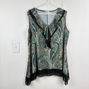 Brochure Paisley Ruffle Mesh Trim Flowy Sleeveless Blouse